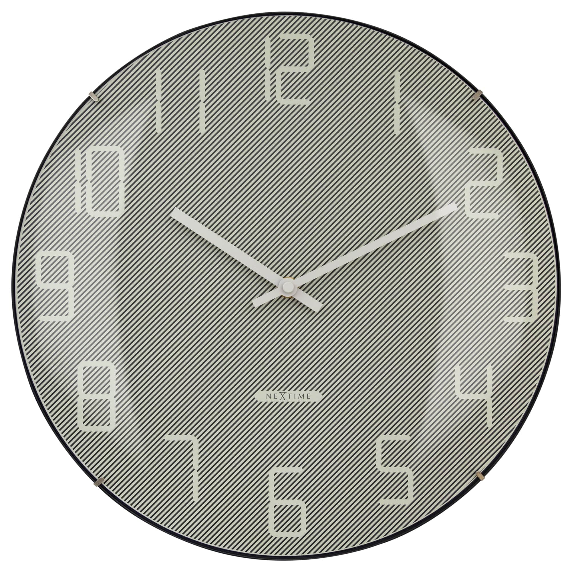 NeXtime Clocks wall clock with 35cm domed glass lens, silent mechanism, and modern design featuring a glass "Shade" finish.